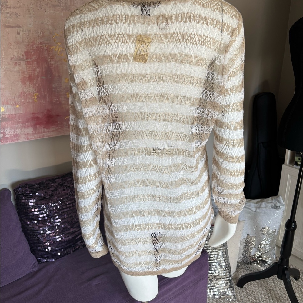 Crochet Knit Tunic Top V Neck Long Sleeve Striped Beach Cover Up - Picture 3 of 11